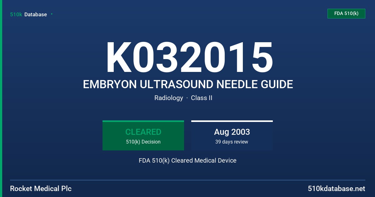 K032015 EMBRYON ULTRASOUND NEEDLE GUIDE FDA 510(k) Cleared Medical Device