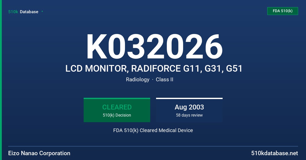 K032026 LCD MONITOR, RADIFORCE G11, G31, G51 FDA 510(k) Cleared Medical Device