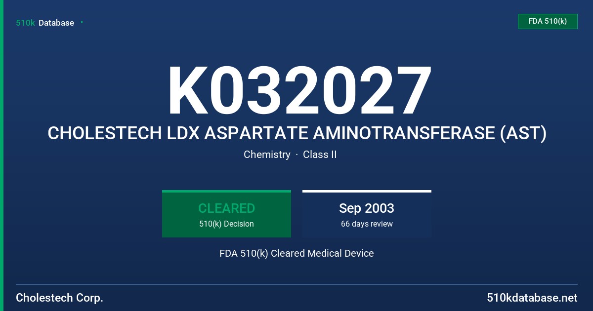 K032027 CHOLESTECH LDX ASPARTATE AMINOTRANSFERASE (AST) FDA 510(k) Cleared Medical Device