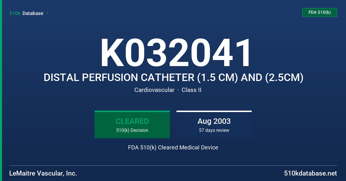 K032041 DISTAL PERFUSION CATHETER (1.5 CM) AND (2.5CM) FDA 510(k) Cleared Medical Device