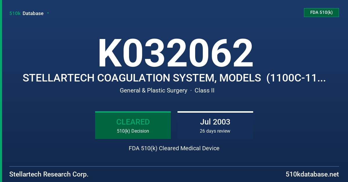 K032062 STELLARTECH COAGULATION SYSTEM, MODELS  (1100C-115 & 1100C-230) FDA 510(k) Cleared Medical Device