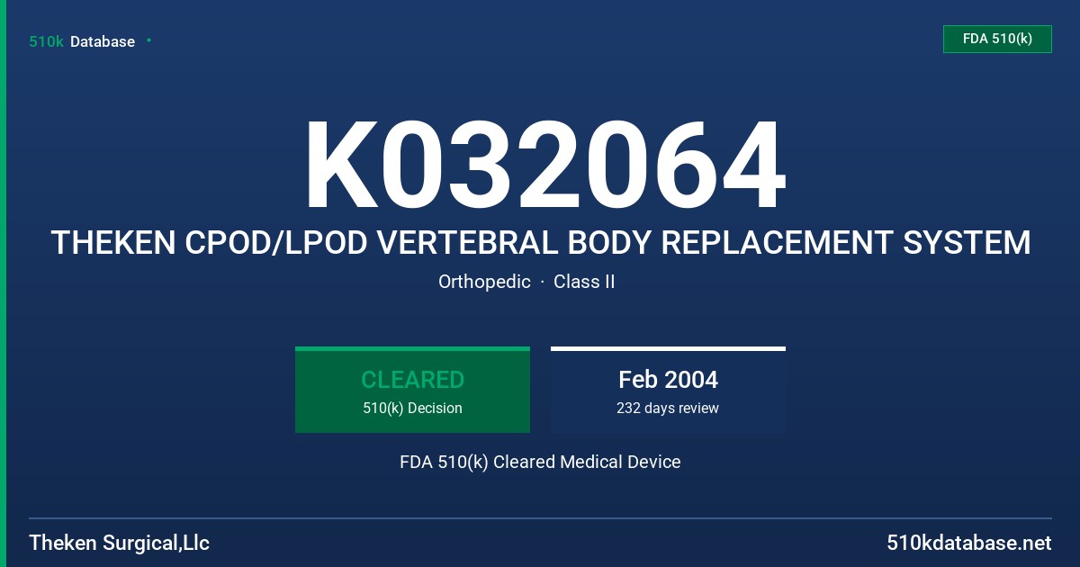K032064 THEKEN CPOD/LPOD VERTEBRAL BODY REPLACEMENT SYSTEM FDA 510(k) Cleared Medical Device