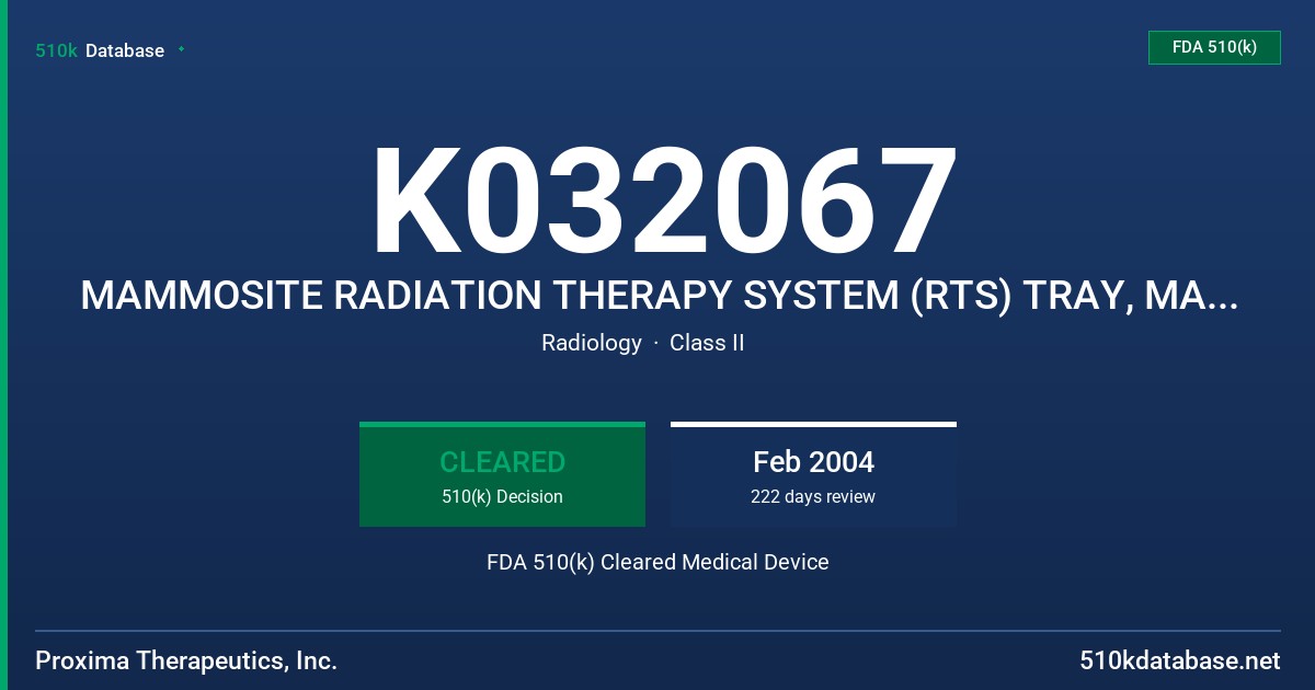 K032067 MAMMOSITE RADIATION THERAPY SYSTEM (RTS) TRAY, MAMMOSITE  HDR AFTERLOADER ACCESSORIES TRAY FDA 510(k) Cleared Medical Device