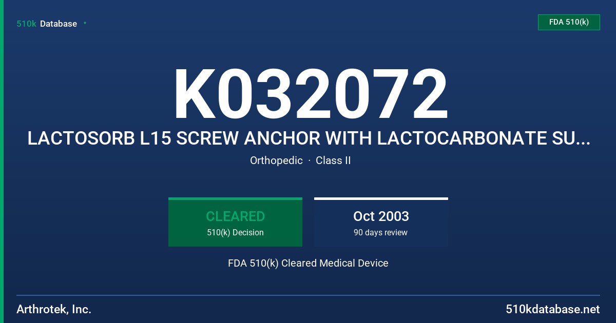 K032072 LACTOSORB L15 SCREW ANCHOR WITH LACTOCARBONATE SUTURE FDA 510(k) Cleared Medical Device