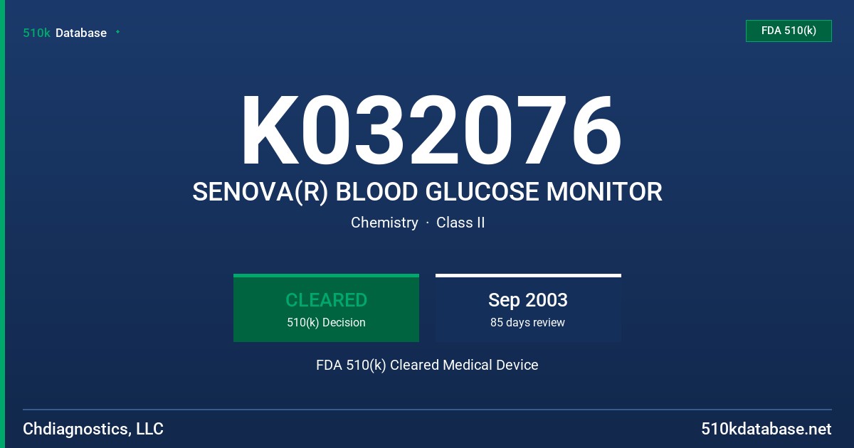 K032076 SENOVA(R) BLOOD GLUCOSE MONITOR FDA 510(k) Cleared Medical Device