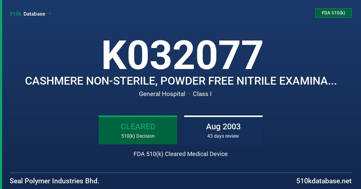 K032077 CASHMERE NON-STERILE, POWDER FREE NITRILE EXAMINATION GLOVES (VIOLET) FDA 510(k) Cleared Medical Device