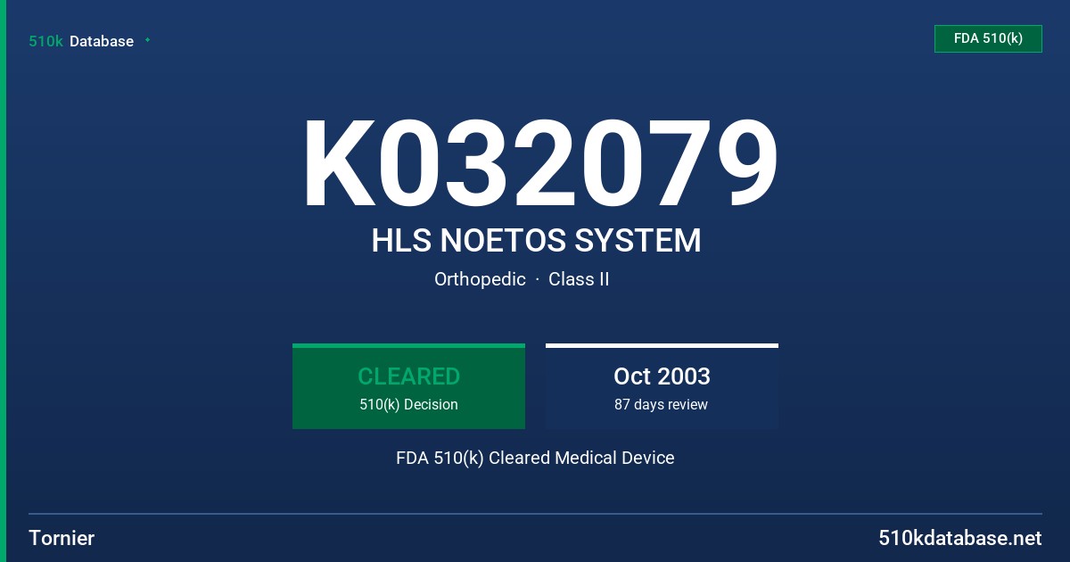 K032079 HLS NOETOS SYSTEM FDA 510(k) Cleared Medical Device