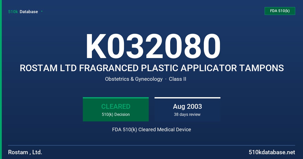 K032080 ROSTAM LTD FRAGRANCED PLASTIC APPLICATOR TAMPONS FDA 510(k) Cleared Medical Device
