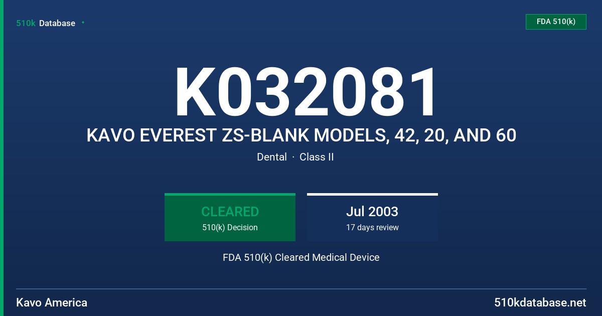 K032081 KAVO EVEREST ZS-BLANK MODELS, 42, 20, AND 60 FDA 510(k) Cleared Medical Device