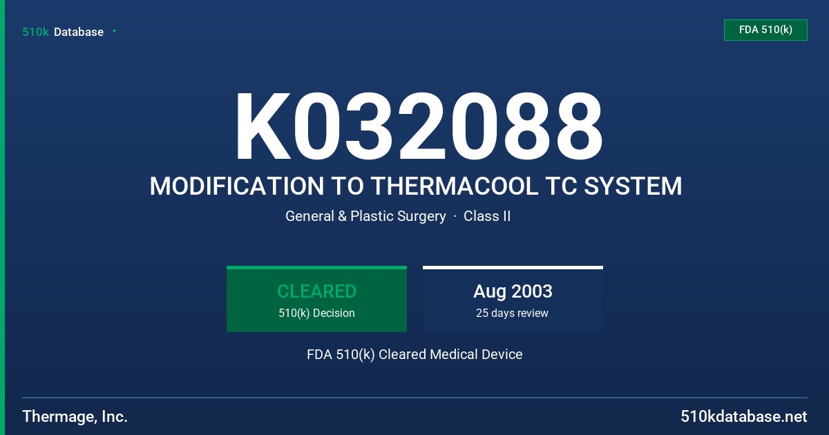 K032088 MODIFICATION TO THERMACOOL TC SYSTEM FDA 510(k) Cleared Medical Device