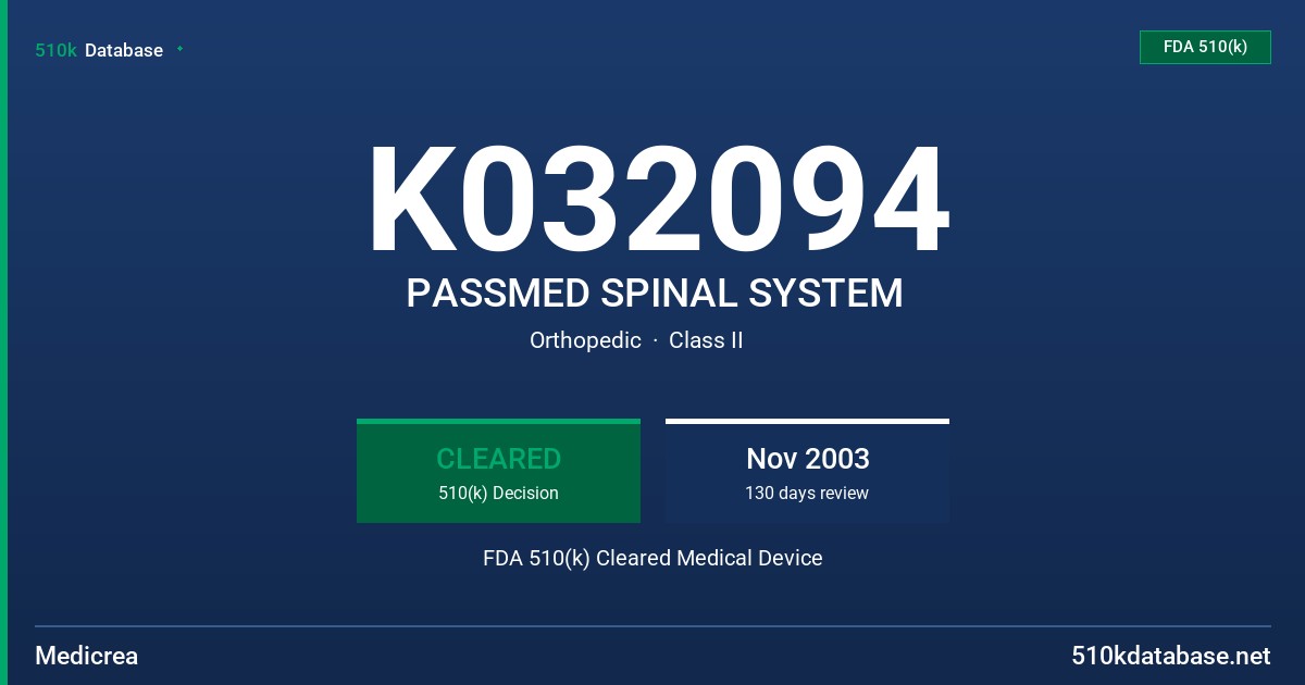 K032094 PASSMED SPINAL SYSTEM FDA 510(k) Cleared Medical Device