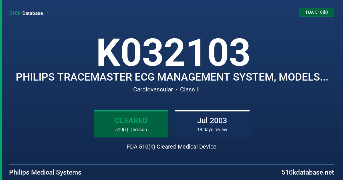 K032103 PHILIPS TRACEMASTER ECG MANAGEMENT SYSTEM, MODELS M5100A AND M5101A FDA 510(k) Cleared Medical Device