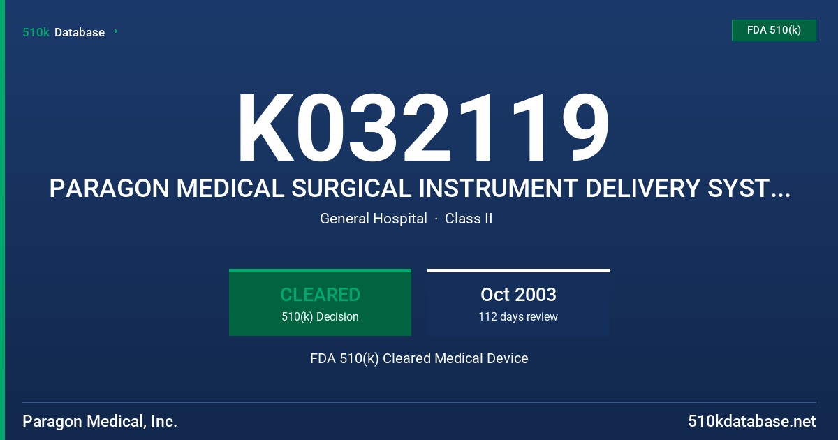 K032119 PARAGON MEDICAL SURGICAL INSTRUMENT DELIVERY SYSTEM VARIOUS FDA 510(k) Cleared Medical Device
