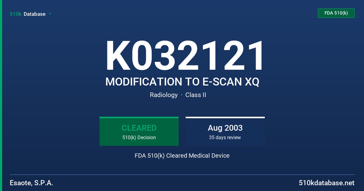 K032121 MODIFICATION TO E-SCAN XQ FDA 510(k) Cleared Medical Device