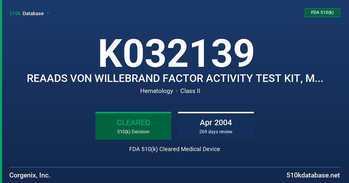 K032139 REAADS VON WILLEBRAND FACTOR ACTIVITY TEST KIT, MODEL 10826 FDA 510(k) Cleared Medical Device
