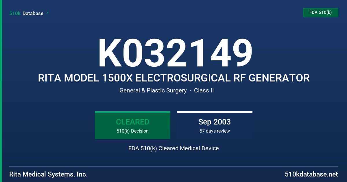 K032149 RITA MODEL 1500X ELECTROSURGICAL RF GENERATOR FDA 510(k) Cleared Medical Device
