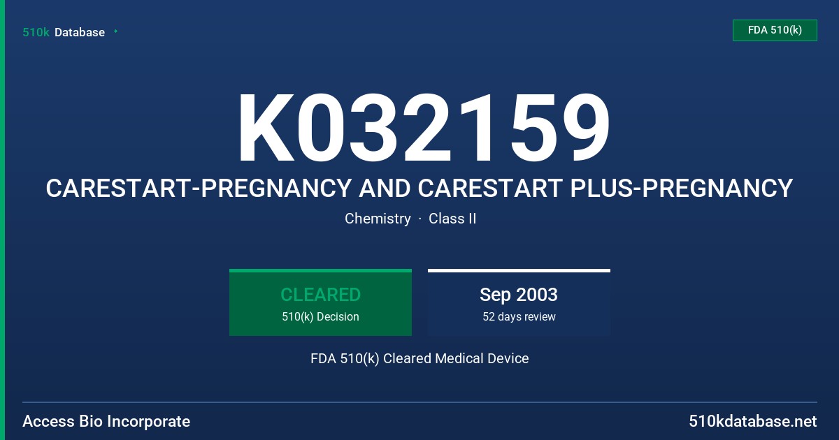 K032159 CARESTART-PREGNANCY AND CARESTART PLUS-PREGNANCY FDA 510(k) Cleared Medical Device