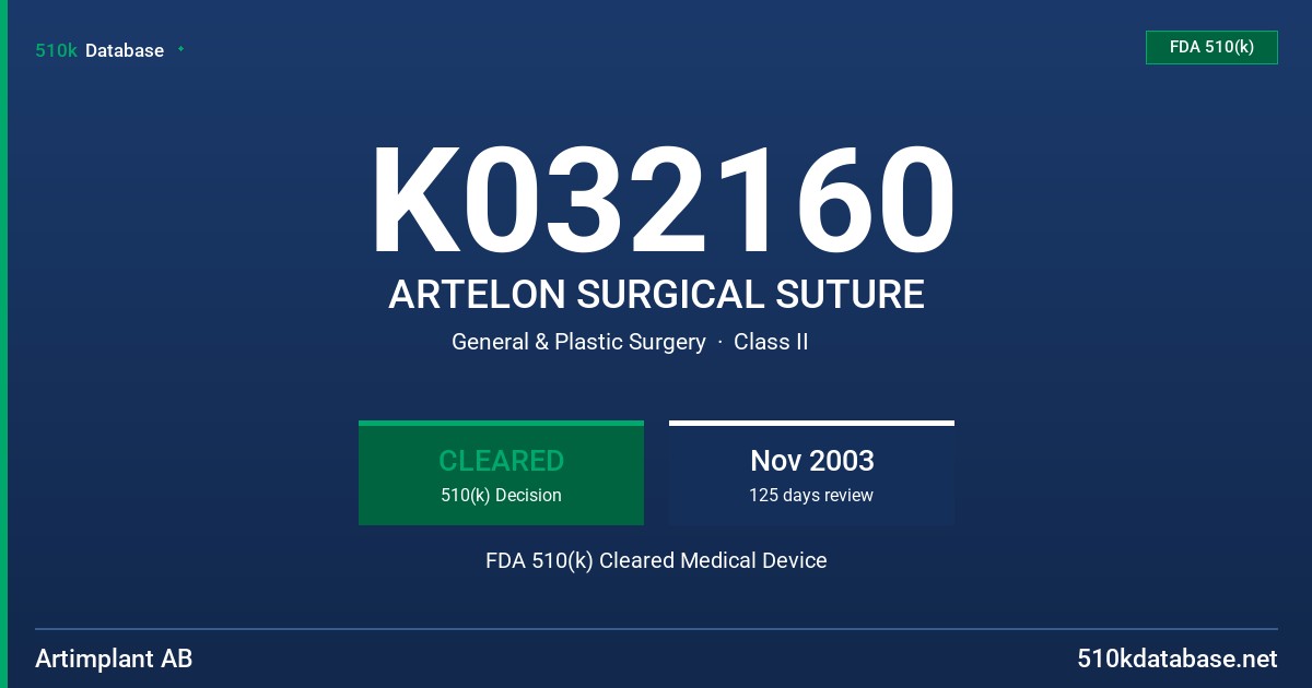 K032160 ARTELON SURGICAL SUTURE FDA 510(k) Cleared Medical Device