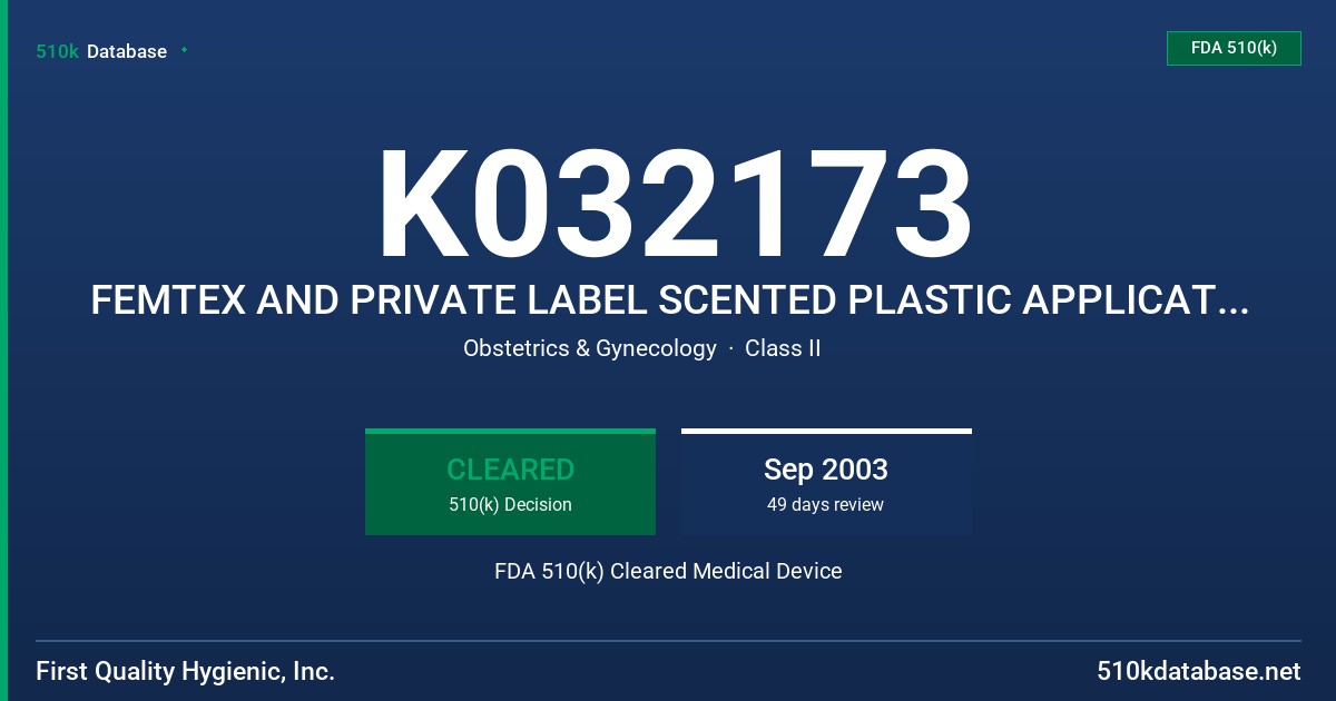 K032173 FEMTEX AND PRIVATE LABEL SCENTED PLASTIC APPLICATOR TAMPONS FDA 510(k) Cleared Medical Device