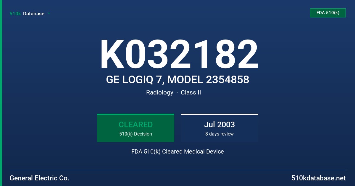 K032182 GE LOGIQ 7, MODEL 2354858 FDA 510(k) Cleared Medical Device