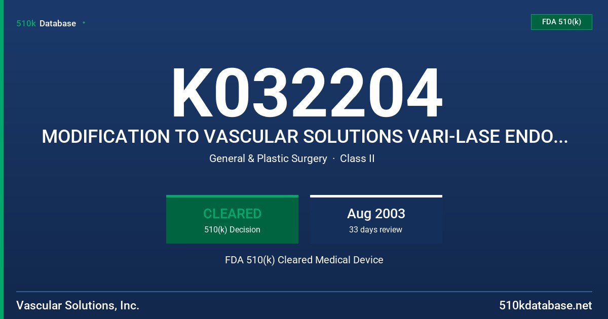 K032204 MODIFICATION TO VASCULAR SOLUTIONS VARI-LASE ENDOVENOUS LASER PROCEDURE KIT FDA 510(k) Cleared Medical Device