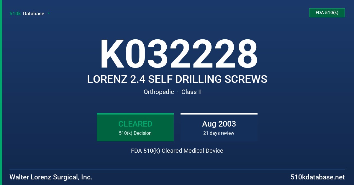 K032228 LORENZ 2.4 SELF DRILLING SCREWS FDA 510(k) Cleared Medical Device