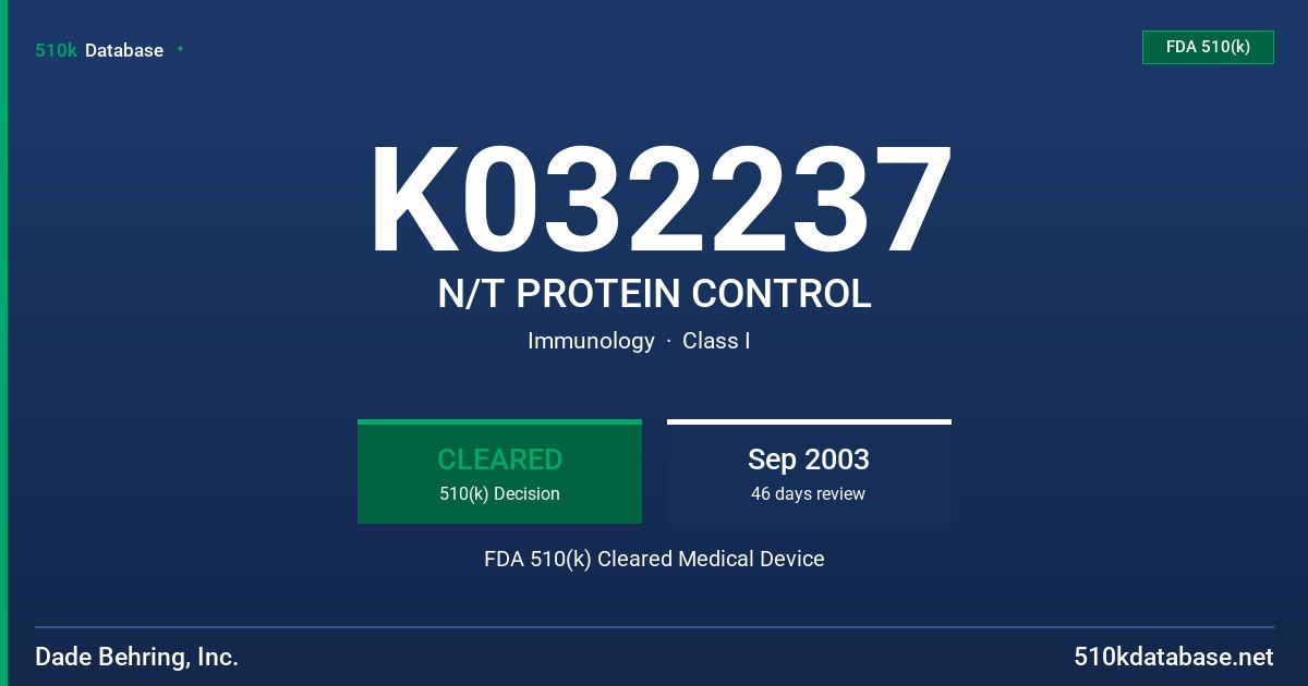 K032237 N/T PROTEIN CONTROL FDA 510(k) Cleared Medical Device