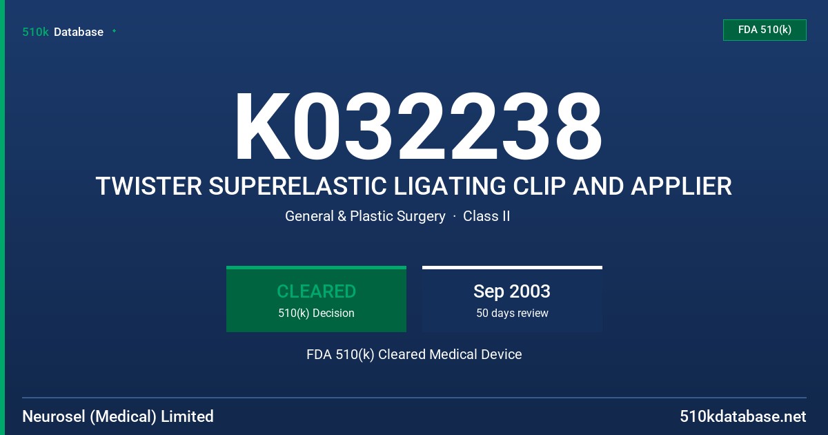 K032238 TWISTER SUPERELASTIC LIGATING CLIP AND APPLIER FDA 510(k) Cleared Medical Device