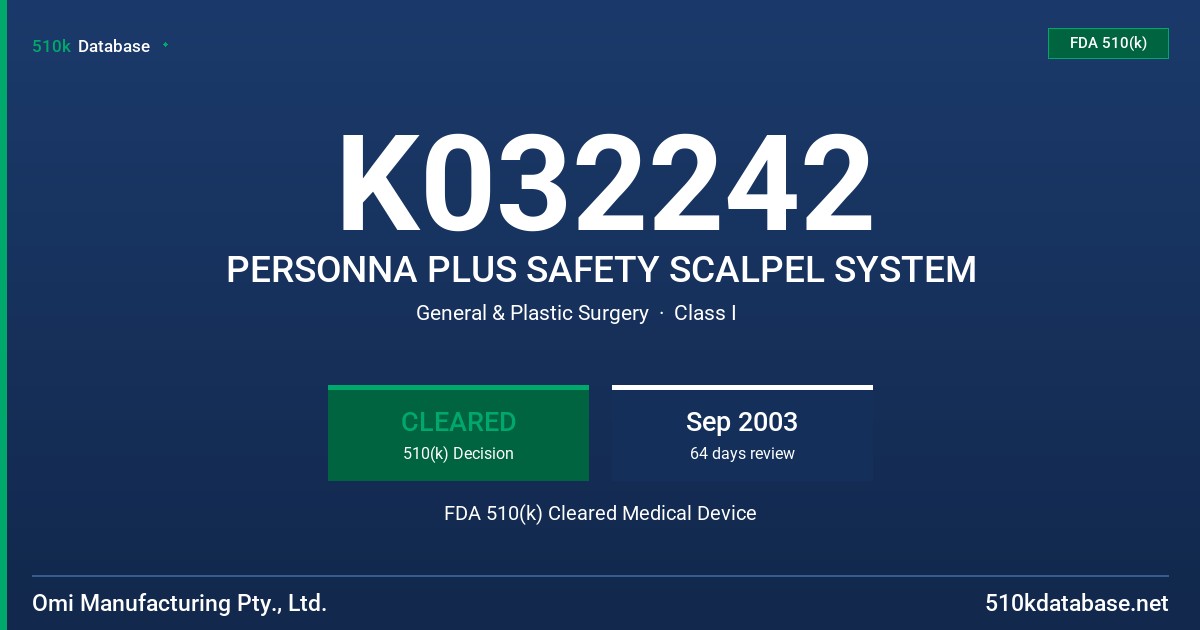 K032242 PERSONNA PLUS SAFETY SCALPEL SYSTEM FDA 510(k) Cleared Medical Device