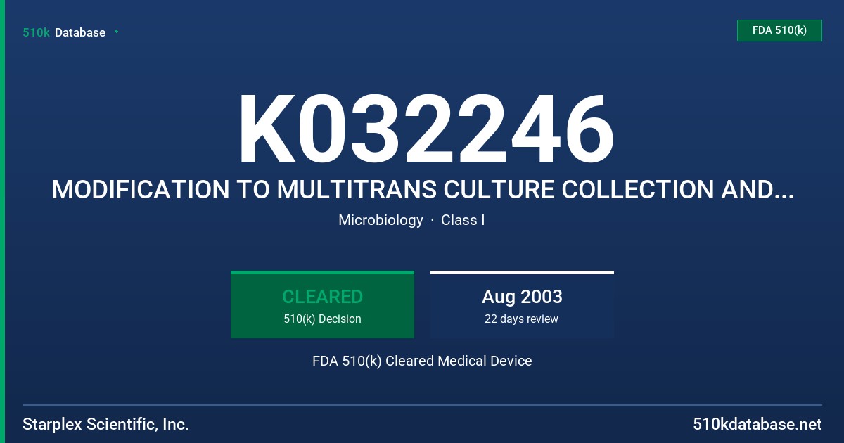 K032246 MODIFICATION TO MULTITRANS CULTURE COLLECTION AND TRANSPORT SYSTEM FDA 510(k) Cleared Medical Device
