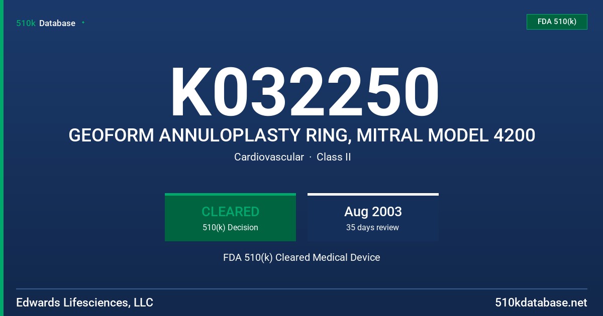 K032250 GEOFORM ANNULOPLASTY RING, MITRAL MODEL 4200 FDA 510(k) Cleared Medical Device