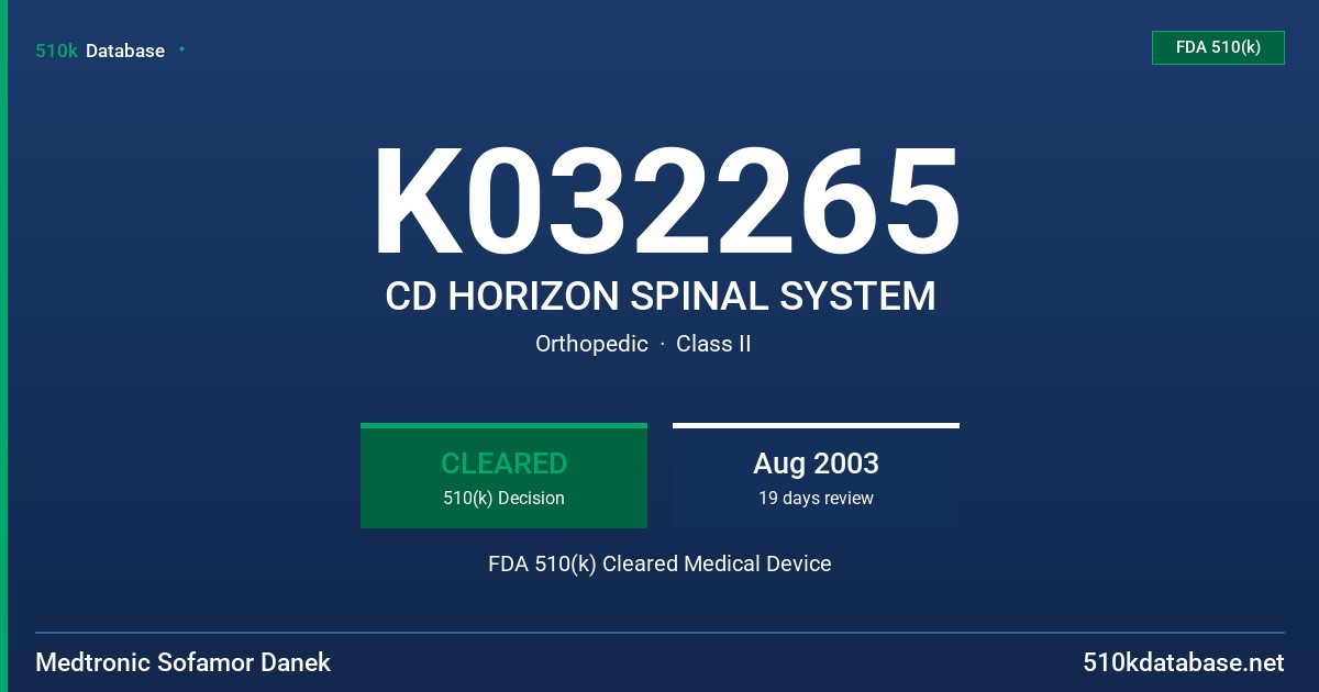 K032265 CD HORIZON SPINAL SYSTEM FDA 510(k) Cleared Medical Device