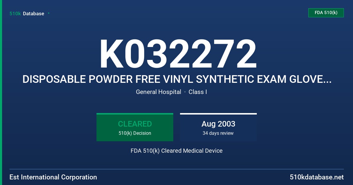 K032272 DISPOSABLE POWDER FREE VINYL SYNTHETIC EXAM GLOVES WHITE COLOR FDA 510(k) Cleared Medical Device