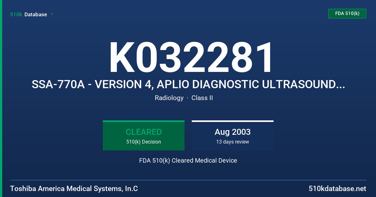 K032281 SSA-770A - VERSION 4, APLIO DIAGNOSTIC ULTRASOUND SYSTEM FDA 510(k) Cleared Medical Device