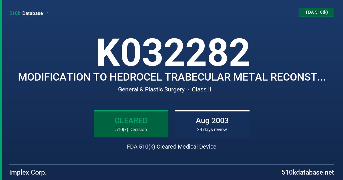 K032282 MODIFICATION TO HEDROCEL TRABECULAR METAL RECONSTRUCTION SYSTEM FDA 510(k) Cleared Medical Device