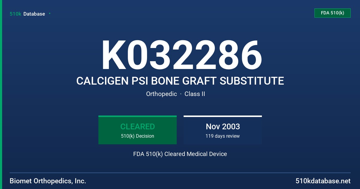 K032286 CALCIGEN PSI BONE GRAFT SUBSTITUTE FDA 510(k) Cleared Medical Device