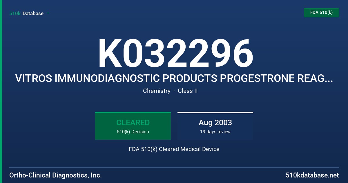 K032296 VITROS IMMUNODIAGNOSTIC PRODUCTS PROGESTRONE REAGENT PACK AND CALIBRATORS FDA 510(k) Cleared Medical Device