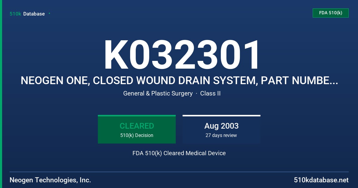 K032301 NEOGEN ONE, CLOSED WOUND DRAIN SYSTEM, PART NUMBER: NG9900 FDA 510(k) Cleared Medical Device