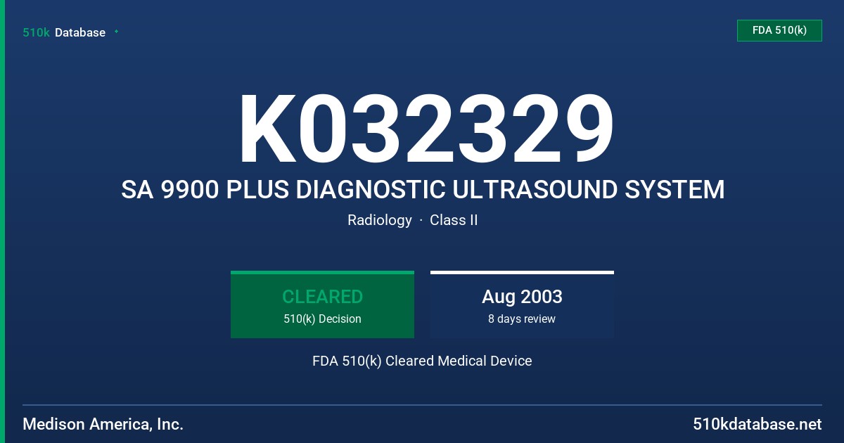 K032329 SA 9900 PLUS DIAGNOSTIC ULTRASOUND SYSTEM FDA 510(k) Cleared Medical Device