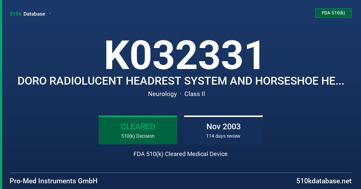 K032331 DORO RADIOLUCENT HEADREST SYSTEM AND HORSESHOE HEADRESTS,AND NON-RADIOLUCENT J-ARM RETRACTOR SYSTEM (ALUMINUM ALLOY) FDA 510(k) Cleared Medical Device