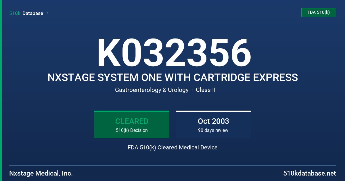 K032356 NXSTAGE SYSTEM ONE WITH CARTRIDGE EXPRESS FDA 510(k) Cleared Medical Device