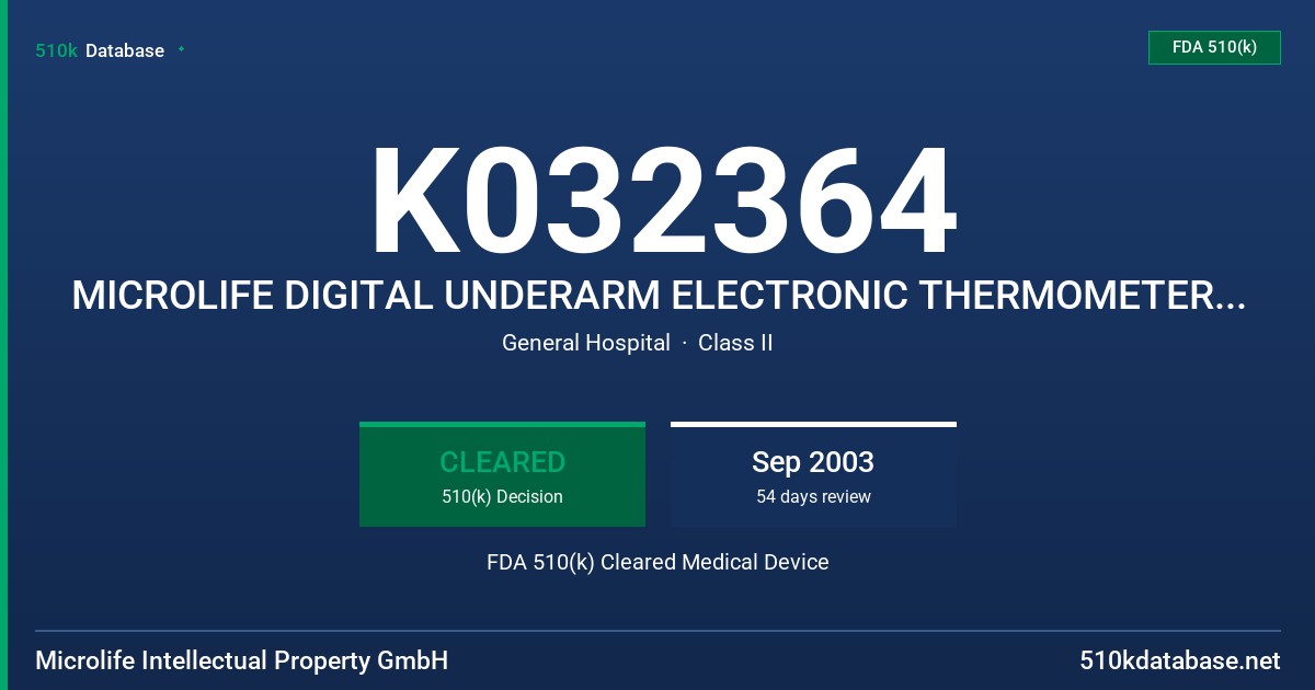 K032364 MICROLIFE DIGITAL UNDERARM ELECTRONIC THERMOMETER, MODEL MT 18E1 (V932) FDA 510(k) Cleared Medical Device