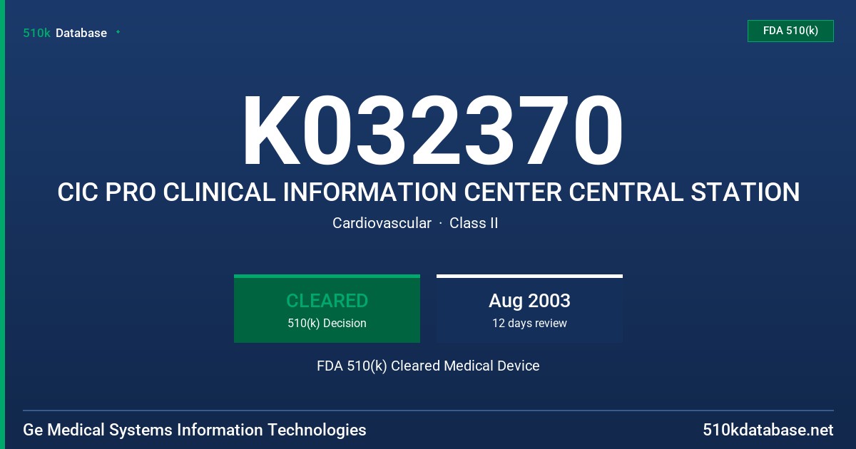 K032370 CIC PRO CLINICAL INFORMATION CENTER CENTRAL STATION FDA 510(k) Cleared Medical Device
