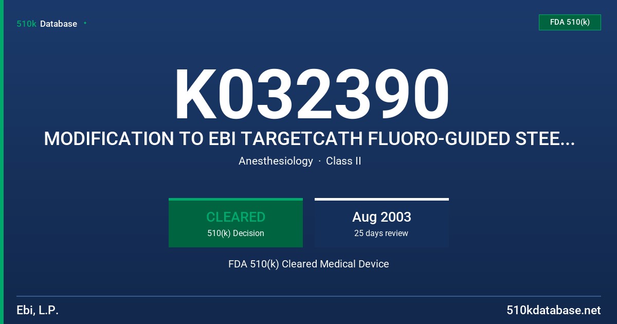 K032390 MODIFICATION TO EBI TARGETCATH FLUORO-GUIDED STEERABLE CATHETER SYSTEM FDA 510(k) Cleared Medical Device