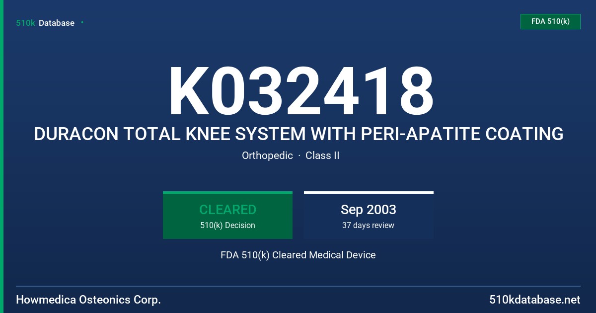 K032418 DURACON TOTAL KNEE SYSTEM WITH PERI-APATITE COATING FDA 510(k) Cleared Medical Device