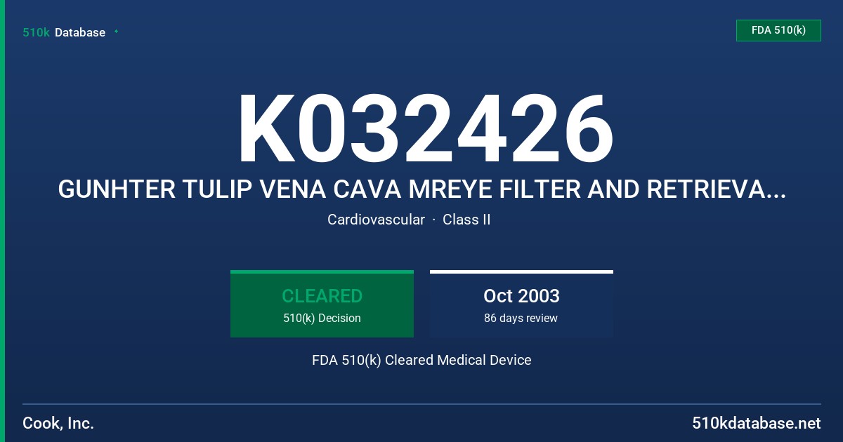 K032426 GUNHTER TULIP VENA CAVA MREYE FILTER AND RETRIEVAL SET FDA 510(k) Cleared Medical Device