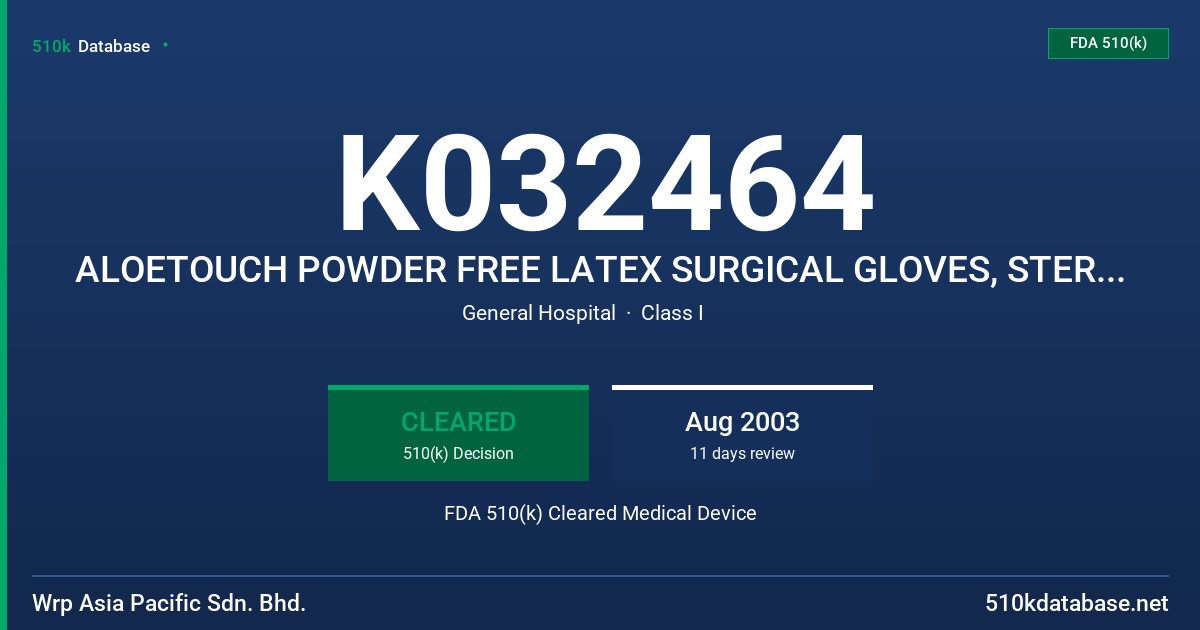 K032464 ALOETOUCH POWDER FREE LATEX SURGICAL GLOVES, STERILE, COATED WITH ALOE VERA AND WITH PROTEIN CONTENT LABELING CLAIM (50 FDA 510(k) Cleared Medical Device