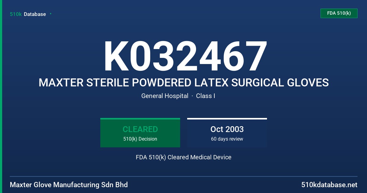 K032467 MAXTER STERILE POWDERED LATEX SURGICAL GLOVES FDA 510(k) Cleared Medical Device