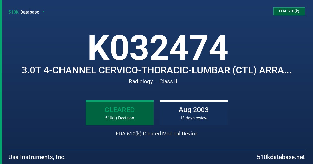 K032474 3.0T 4-CHANNEL CERVICO-THORACIC-LUMBAR (CTL) ARRAY COIL FDA 510(k) Cleared Medical Device