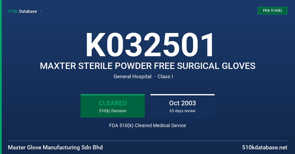 K032501 MAXTER STERILE POWDER FREE SURGICAL GLOVES FDA 510(k) Cleared Medical Device